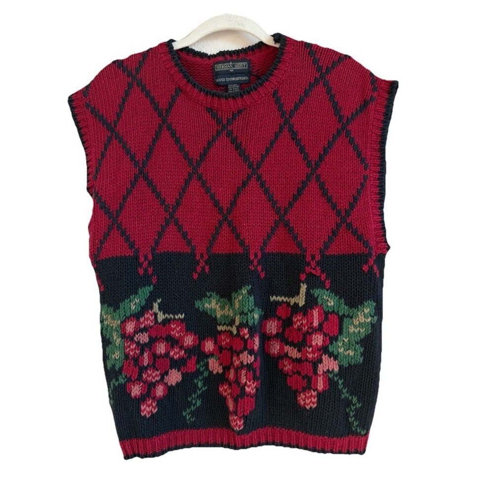 Herman Geist Womens Medium Linen Novelty Grapes Cottagecore Vintage Sweater Vest